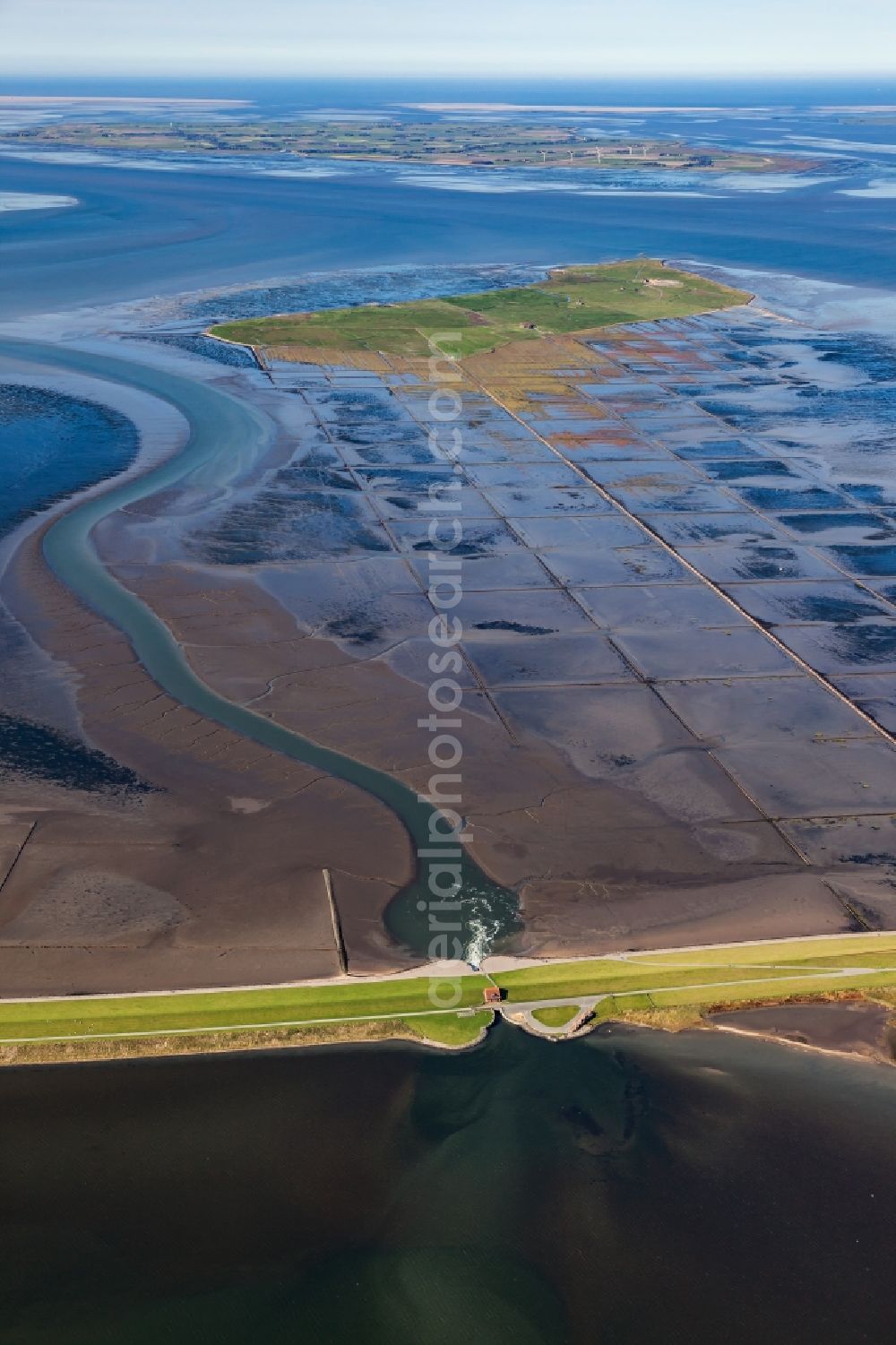 Nordstrandischmoor from the bird's eye view: Green space structures a Hallig Landscape in the North Sea in Nordstrandischmoor in the state Schleswig-Holstein, Germany