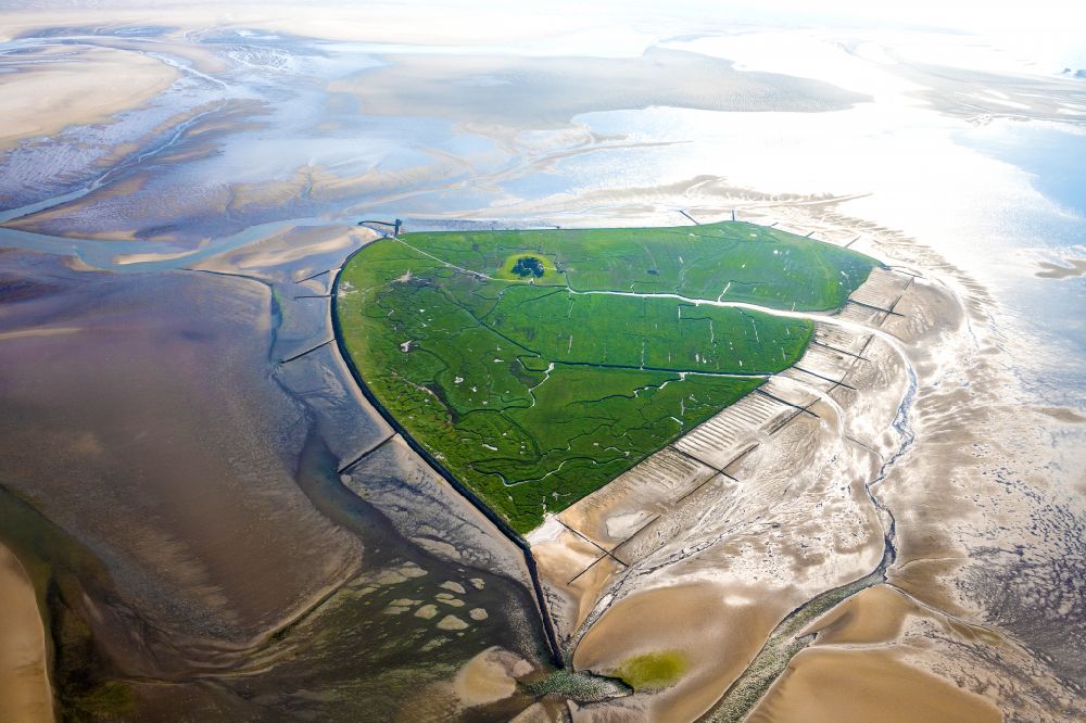 Aerial image Pellworm - Grassy structures of the Hallig landscape Suederoog in Pellworm Nordfriesland in the state Schleswig-Holstein, Germany