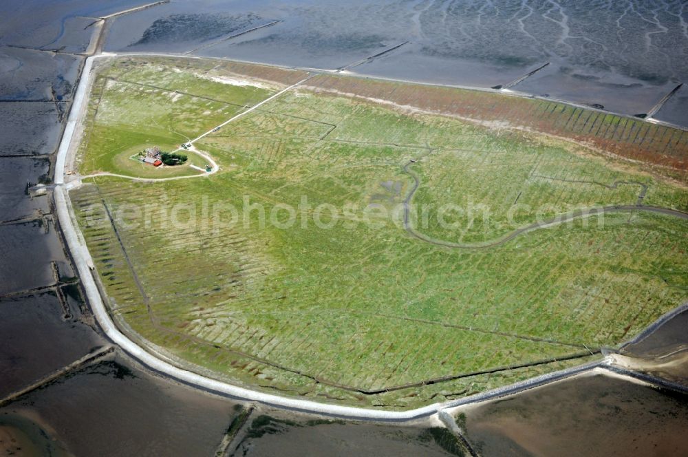 Pellworm from above - Hallig Suedfall in Pellworm in Schleswig-Holstein. Wadden Sea at low tide. Top Pellworm