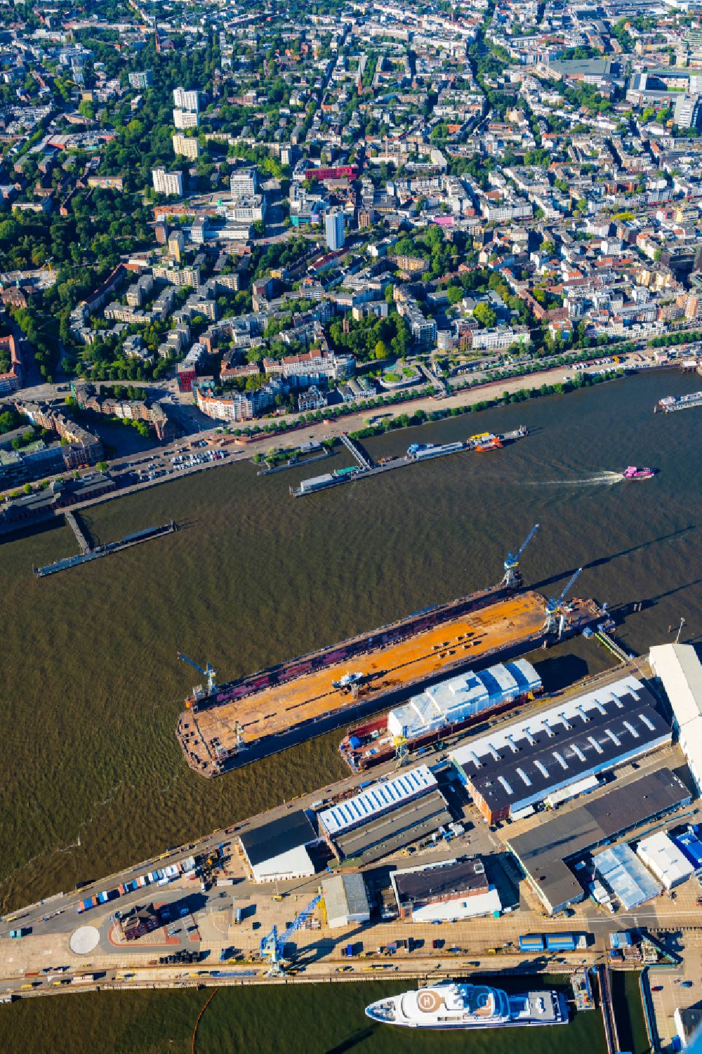 Aerial image Hamburg - Hamburg dry dock 11 with the ship Spirit of Ginette The builder of the yacht is Svendborg Skibsvaerft from Denmark on the Blohm and Voss Dock Elbe in Hamburg