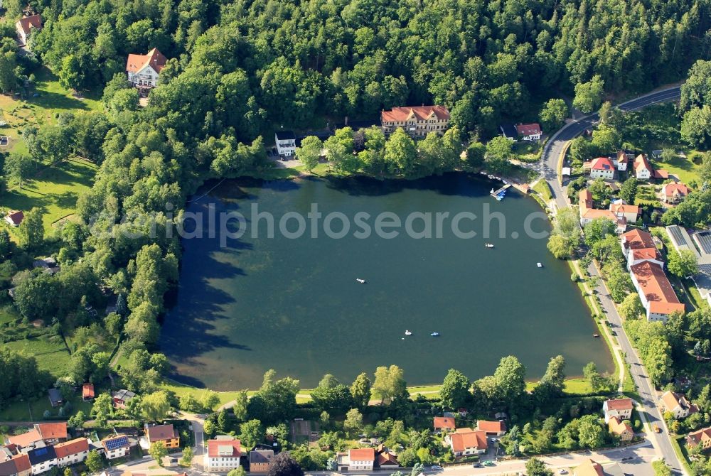 Aerial image Georgenthal/Thüringer Wald - Hammer pond with boats and pedal boats in George / Thueringer Wald in Thuringia
