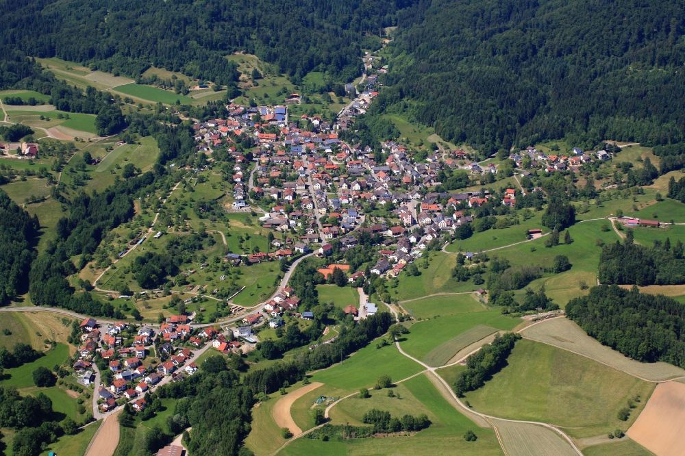 Hasel from the bird's eye view: Village of Hasel in the state of Baden-Wuerttemberg. The municipality is situated on the southern edge of the Black Forest and is known by one of the most beautiful caves in Germany, the Erdmannshoehle