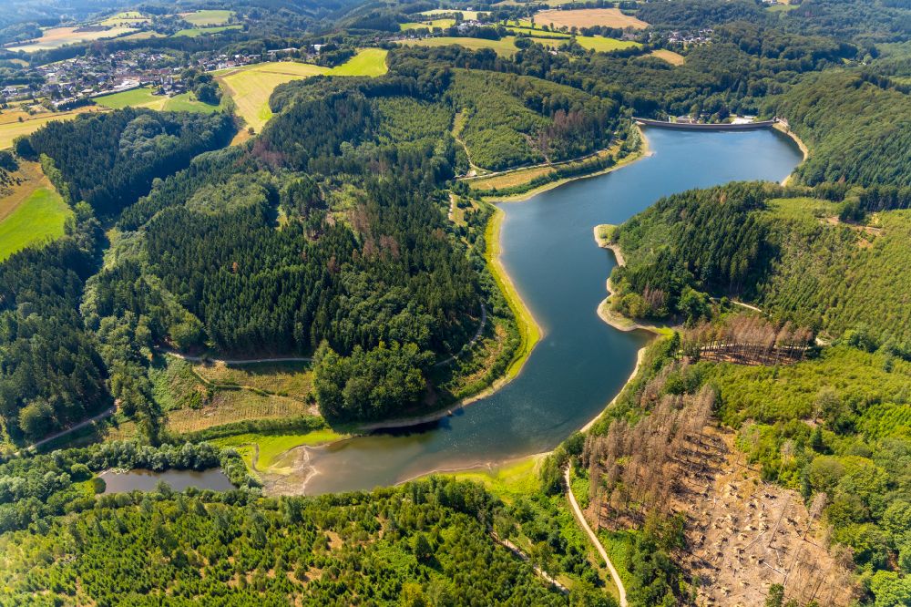 Hagen from above - Hasper dam surrounded by autumnal forest areas in Hagen at Ennepetal in North Rhine-Westphalia