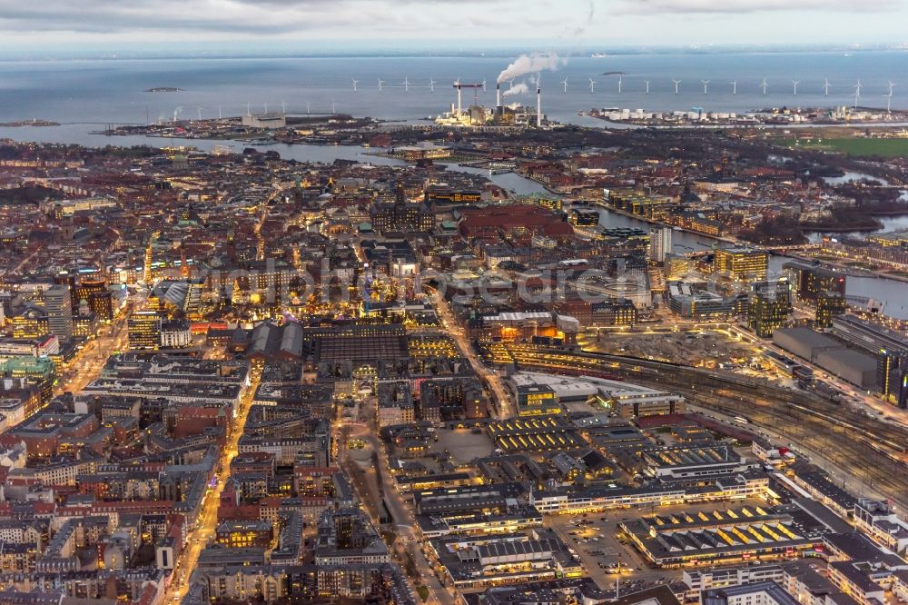 Aerial image Kopenhagen - Track progress and building of the main station of the railway in Copenhagen in Region Hovedstaden, Denmark
