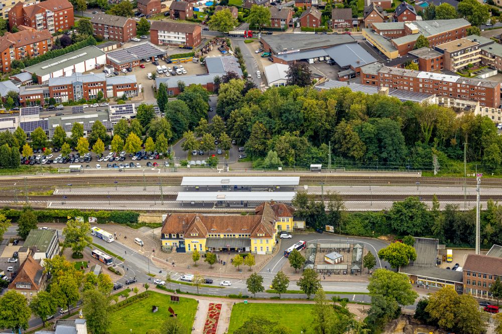Ahlen from above - Track progress and building of the main station of the railway in Ahlen in the state North Rhine-Westphalia, Germany