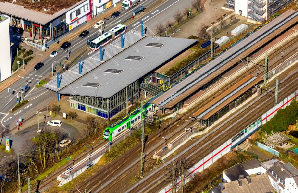 Bottrop from above - Track progress and building of the main station of the railway in Bottrop in the state North Rhine-Westphalia, Germany