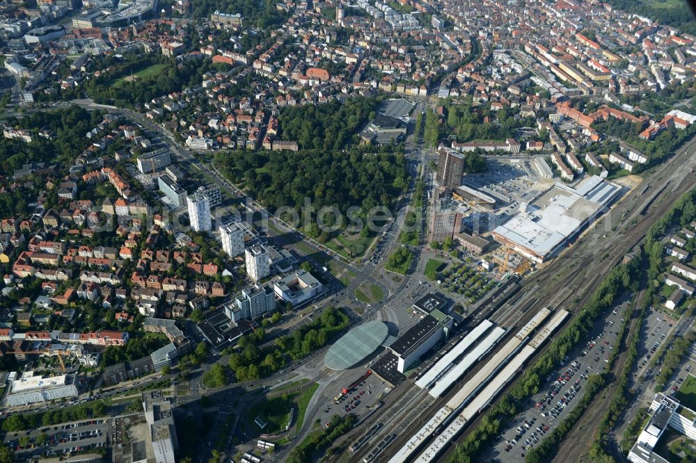 Braunschweig from above - Track progress and building of the main station of the railway in Braunschweig in the state Lower Saxony