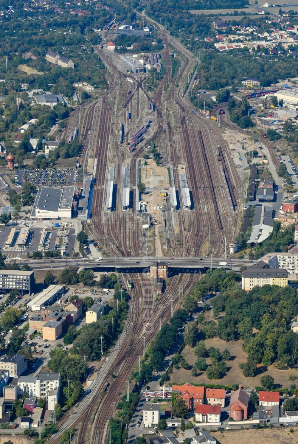 Aerial image Cottbus - Track progress and building of the main station of the railway in Cottbus in the state Brandenburg, Germany