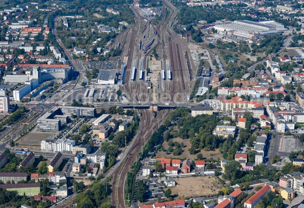 Cottbus from above - Track progress and building of the main station of the railway in Cottbus in the state Brandenburg, Germany