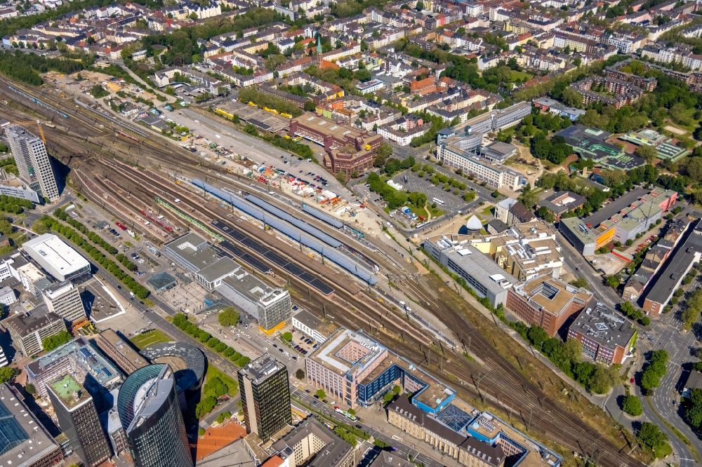 Dortmund from above - Track progress and building of the main station of the railway in Dortmund at Ruhrgebiet in the state North Rhine-Westphalia, Germany