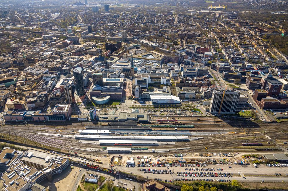 Dortmund from above - track progress and building of the main station of the railway in Dortmund in the state North Rhine-Westphalia, Germany
