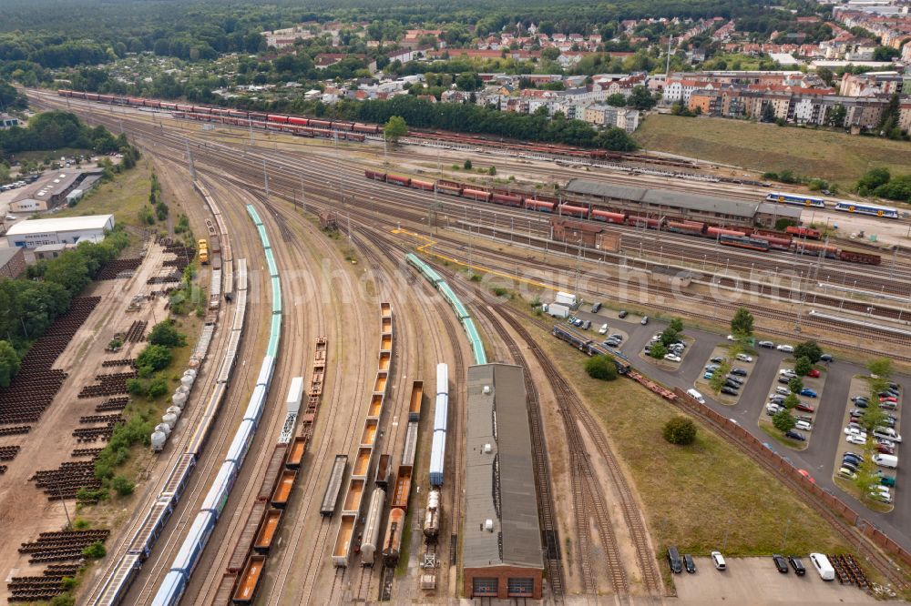 Eberswalde from above - Track progress and building of the main station of the railway in Eberswalde in the state Brandenburg, Germany