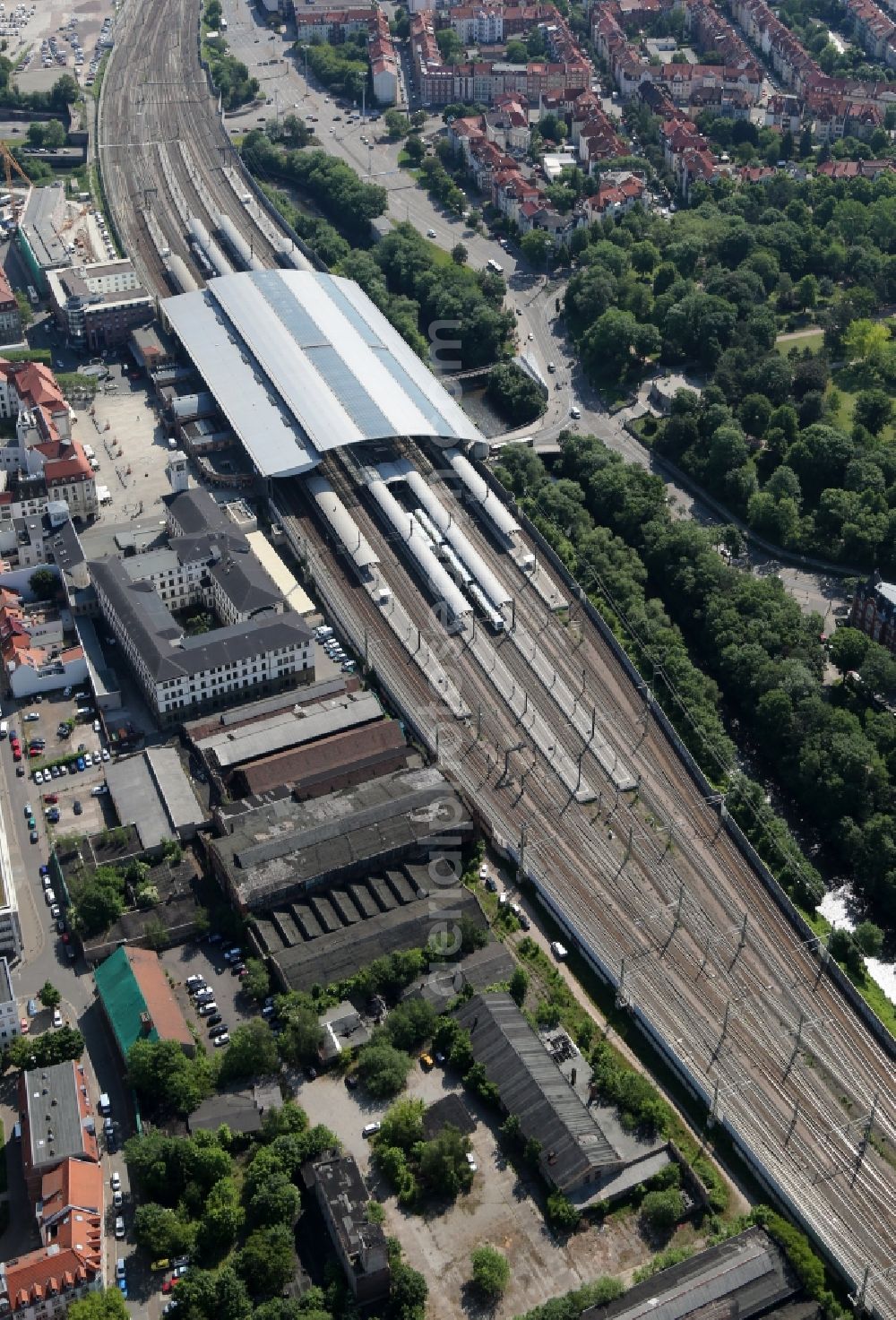 Erfurt from above - Track progress and building of the main station of the railway in Erfurt in the state Thuringia, Germany