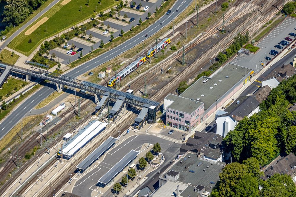 Finnentrop from above - Track progress and building of the main station of the railway in Finnentrop at Sauerland in the state North Rhine-Westphalia, Germany