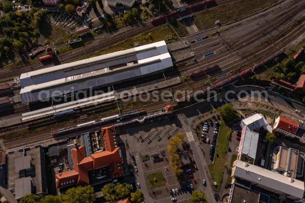 Aerial image Frankfurt (Oder) - Track progress and building of the main station of the railway in Frankfurt (Oder) in the state Brandenburg, Germany