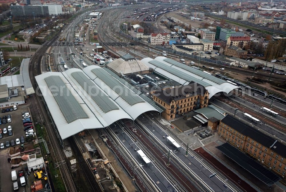 Halle (Saale) from above - Track progress and building of the main station of the railway in Halle (Saale) in the state Saxony-Anhalt, Germany
