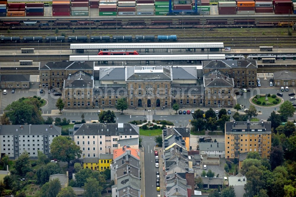 Hof from above - Track progress and building of the main station of the railway in Hof in the state Bavaria, Germany
