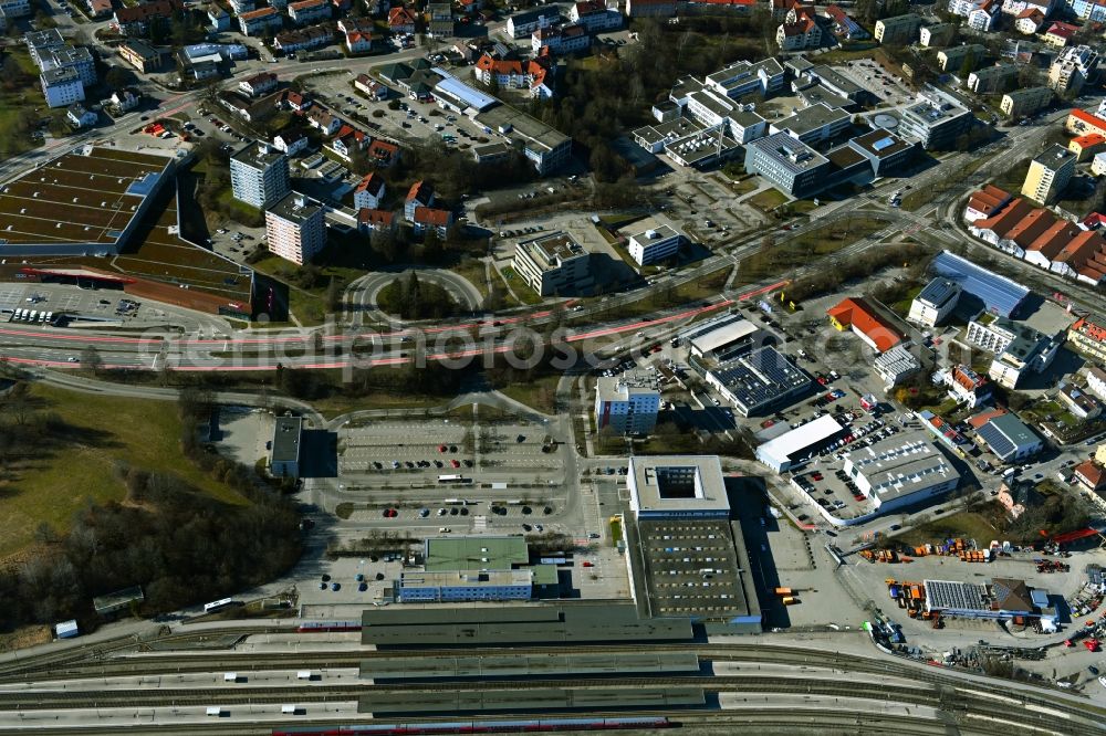 Kempten (Allgäu) from the bird's eye view: Track progress and building of the main station of the railway in Kempten (Allgaeu) in the state Bavaria, Germany