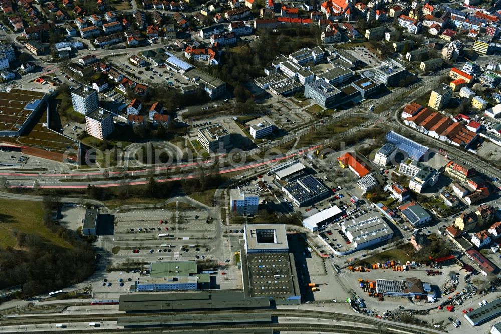 Aerial image Kempten (Allgäu) - Track progress and building of the main station of the railway in Kempten (Allgaeu) in the state Bavaria, Germany