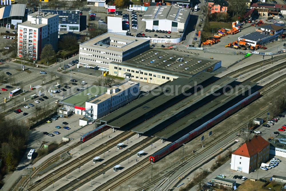 Kempten (Allgäu) from above - Track progress and building of the main station of the railway in Kempten (Allgaeu) in the state Bavaria, Germany