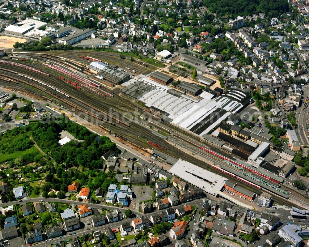 Aerial image Limburg an der Lahn - Track progress and building of the main station of the railway in Limburg an der Lahn in the state Hesse, Germany