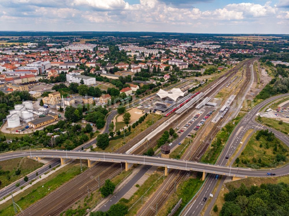 Lutherstadt Wittenberg from above - Track progress and building of the main station of the railway in Lutherstadt Wittenberg in the state Saxony-Anhalt, Germany