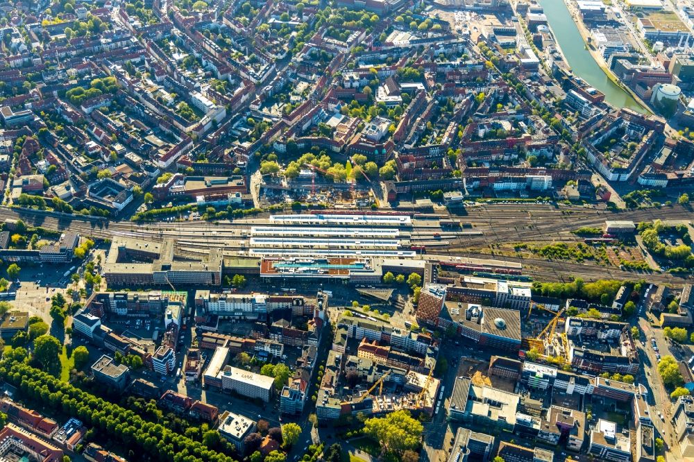 Aerial image Münster - Track progress and building of the main station of the railway in Muenster in the state North Rhine-Westphalia, Germany