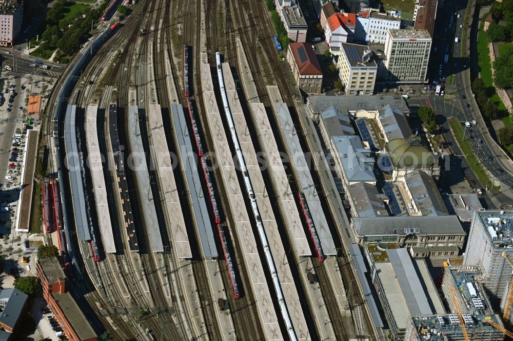 Nürnberg from above - Track progress and building of the main station of the railway in Nuremberg in the state Bavaria, Germany