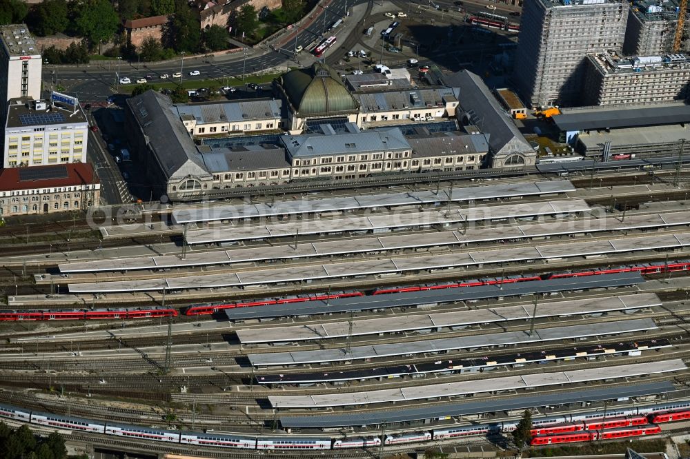 Nürnberg from the bird's eye view: Track progress and building of the main station of the railway in Nuremberg in the state Bavaria, Germany