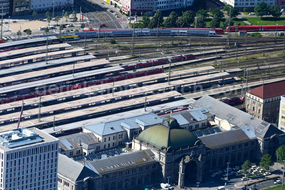 Nürnberg from above - Track progress and building of the main station of the railway in the district Tafelhof in Nuremberg in the state Bavaria, Germany