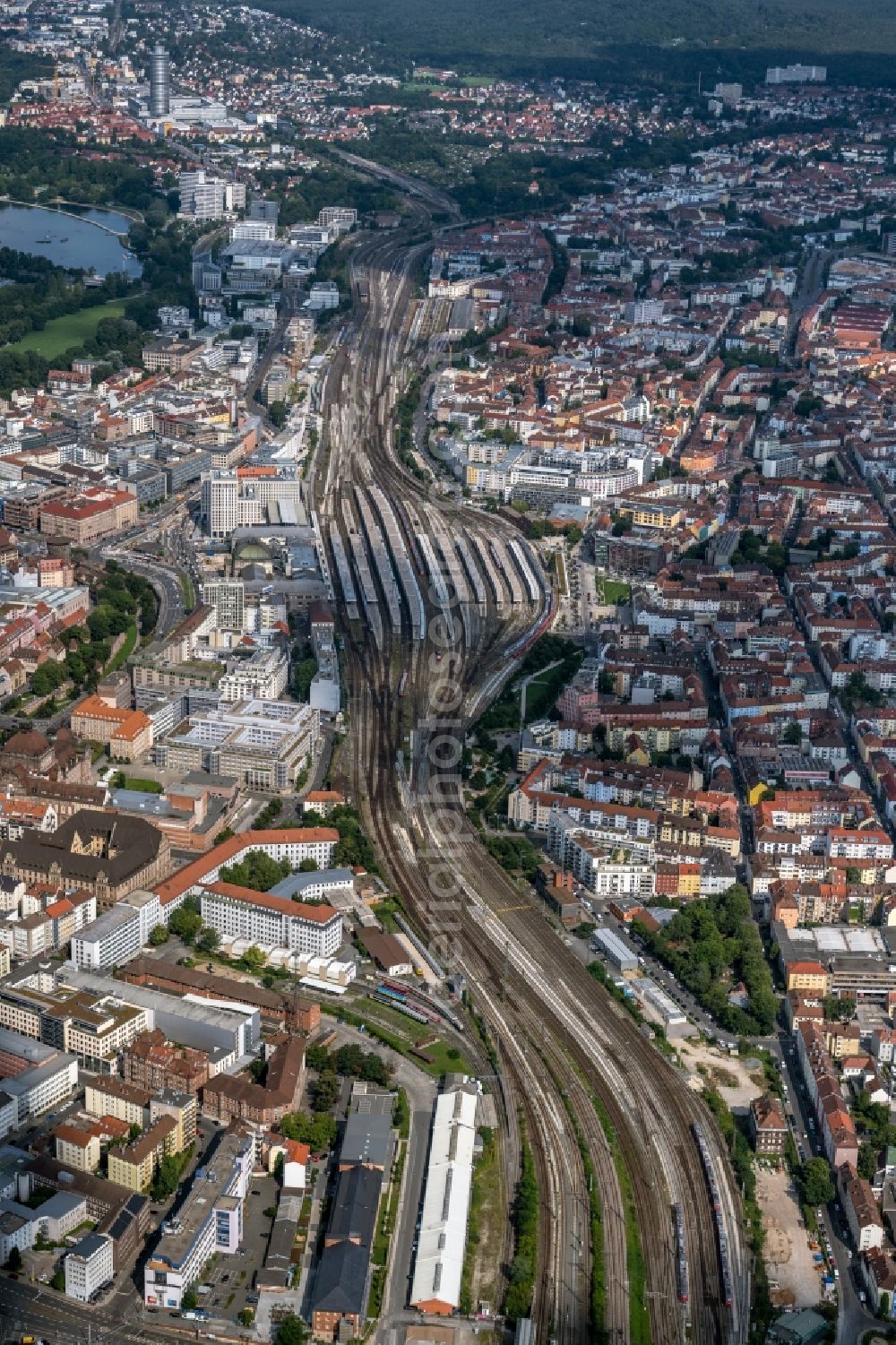 Aerial photograph Nürnberg - Track progress and building of the main station of the railway in Nuremberg in the state Bavaria, Germany