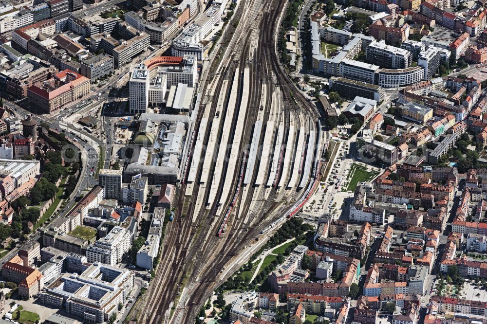 Nürnberg from above - Track progress and building of the main station of the railway in Nuremberg in the state Bavaria, Germany