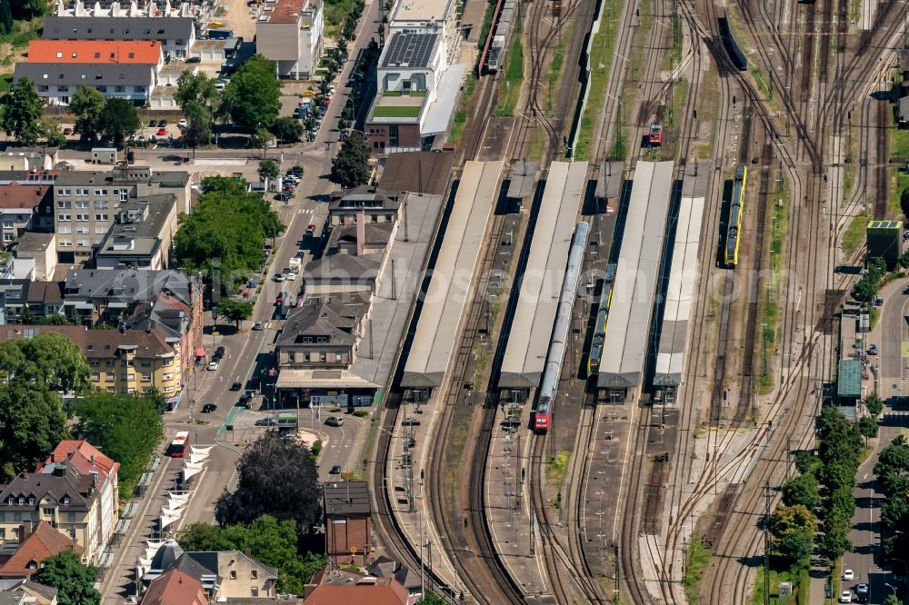 Offenburg from above - Track progress and building of the main station of the railway in Offenburg in the state Baden-Wurttemberg, Germany