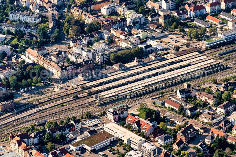 Offenburg from above - Track progress and building of the main station of the railway in Offenburg in the state Baden-Wuerttemberg, Germany