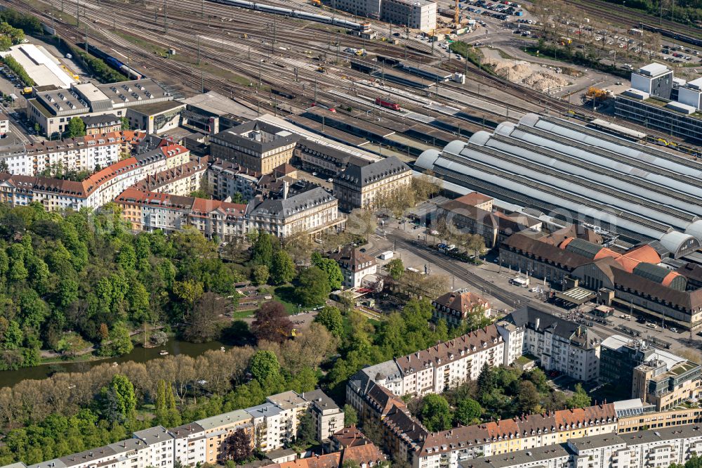 Karlsruhe from above - Track progress and building of the main station of the railway in the district Suedweststadt in Karlsruhe in the state Baden-Wurttemberg, Germany