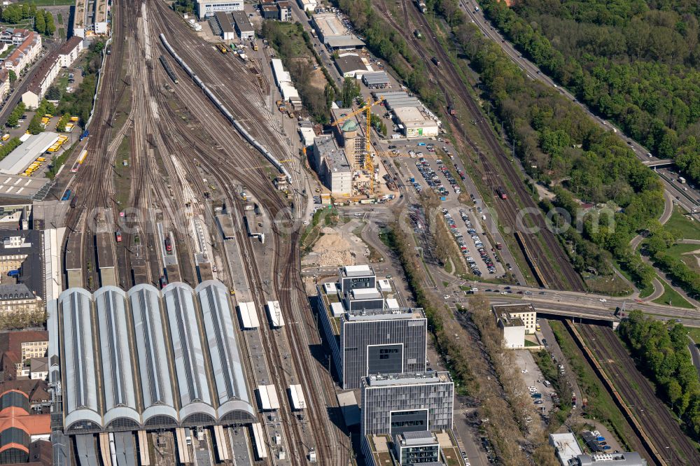 Karlsruhe from above - Track progress and building of the main station of the railway in the district Suedweststadt in Karlsruhe in the state Baden-Wurttemberg, Germany