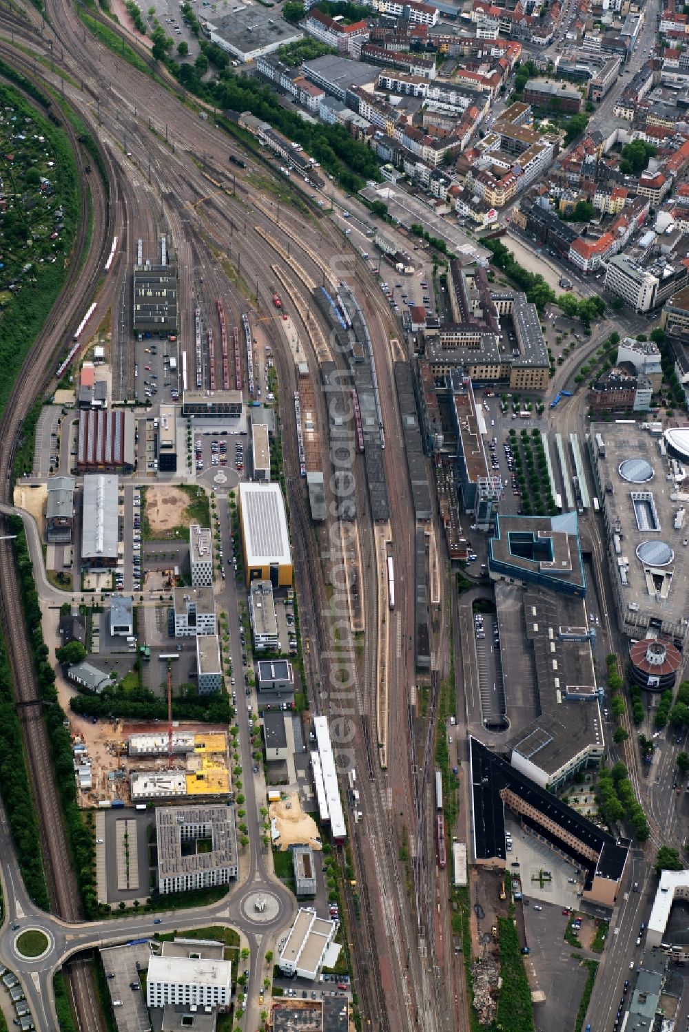Saarbrücken from above - track progress and building of the main station of the railway in Saarbruecken in the state Saarland, Germany