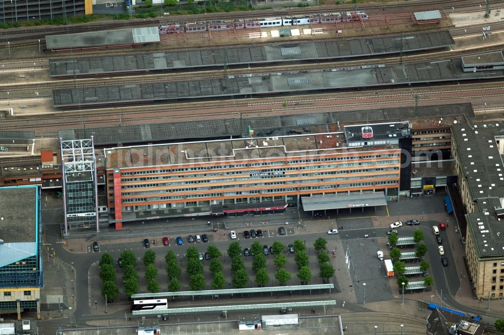 Aerial image Saarbrücken - track progress and building of the main station of the railway in Saarbruecken in the state Saarland, Germany