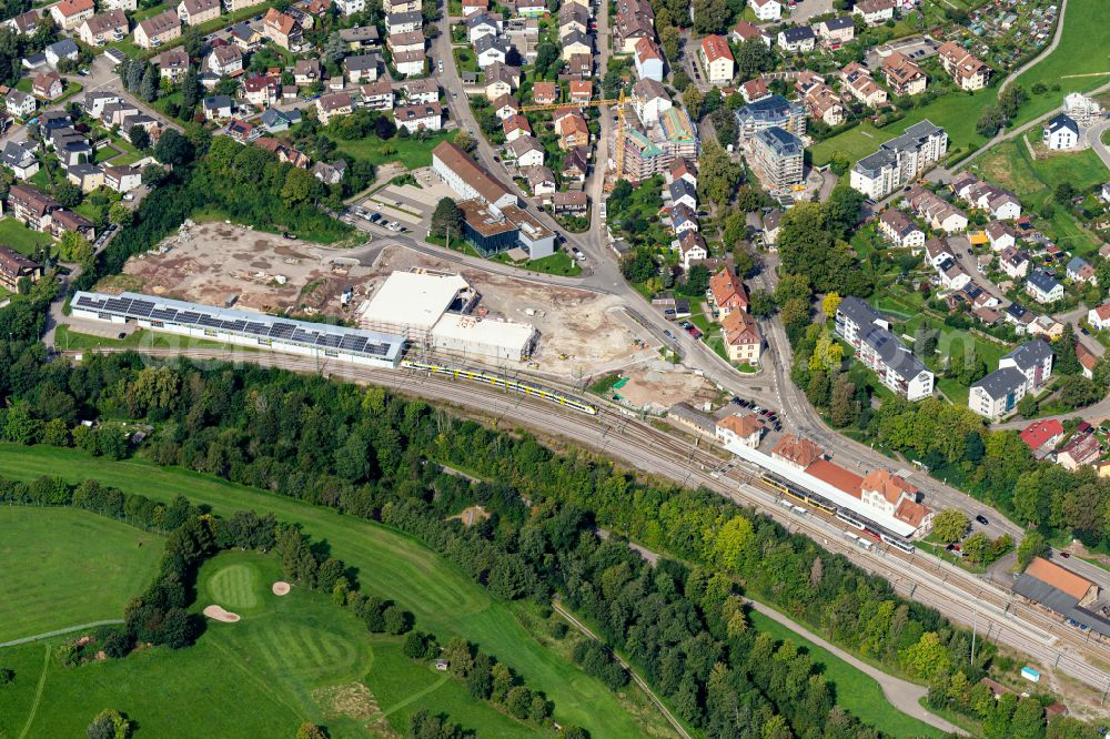 Freudenstadt from above - Track progress and building of the main station of the railway Freudenstadt Hbf (sued) in Freudenstadt at Schwarzwald in the state Baden-Wuerttemberg, Germany