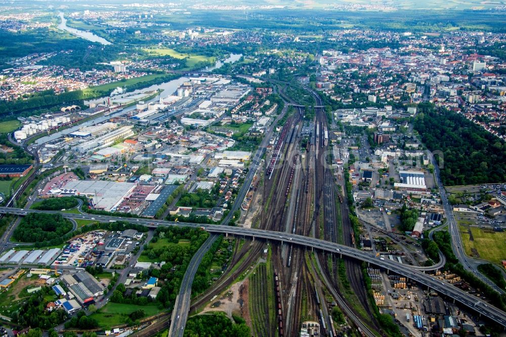 Hanau from above - Track progress and building of the main station of the railway in Hanau in the state Hesse, Germany