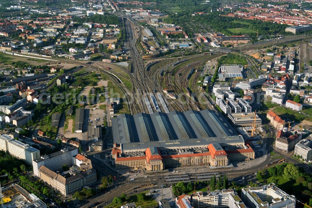 Aerial photograph Leipzig - View over the building of the main station in Leipzig in Saxony
