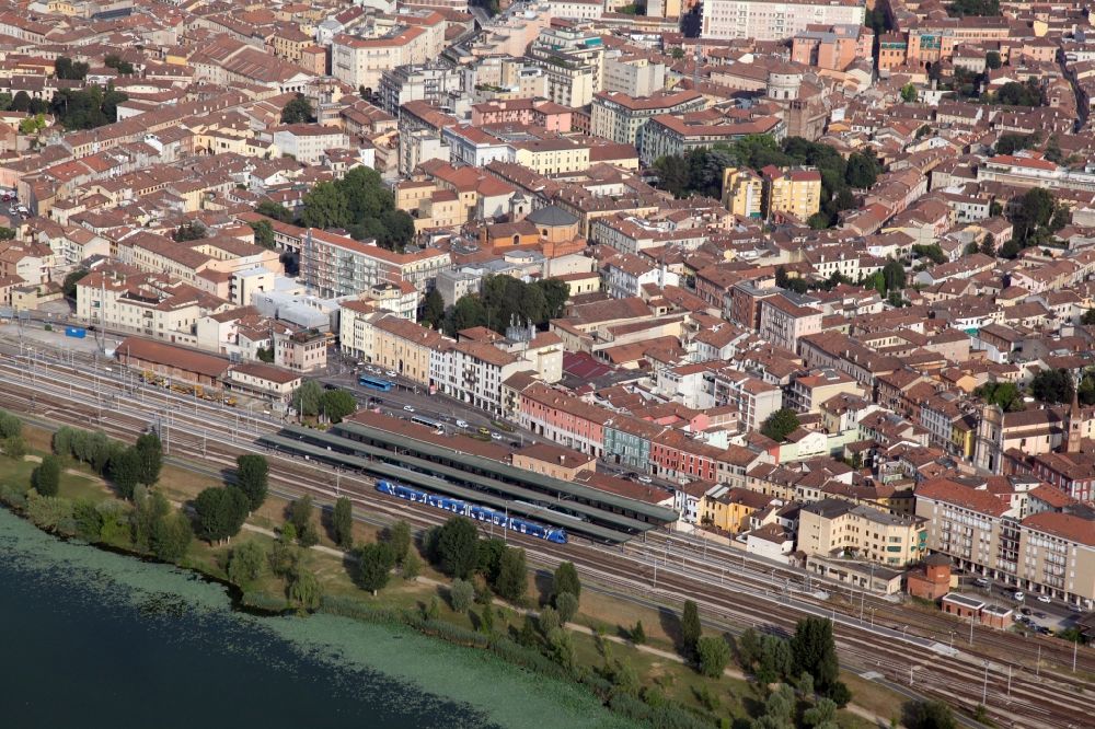 Aerial image Mantua - Track progress and building of the main station of the railway in Mantua in Lombardy, Italy