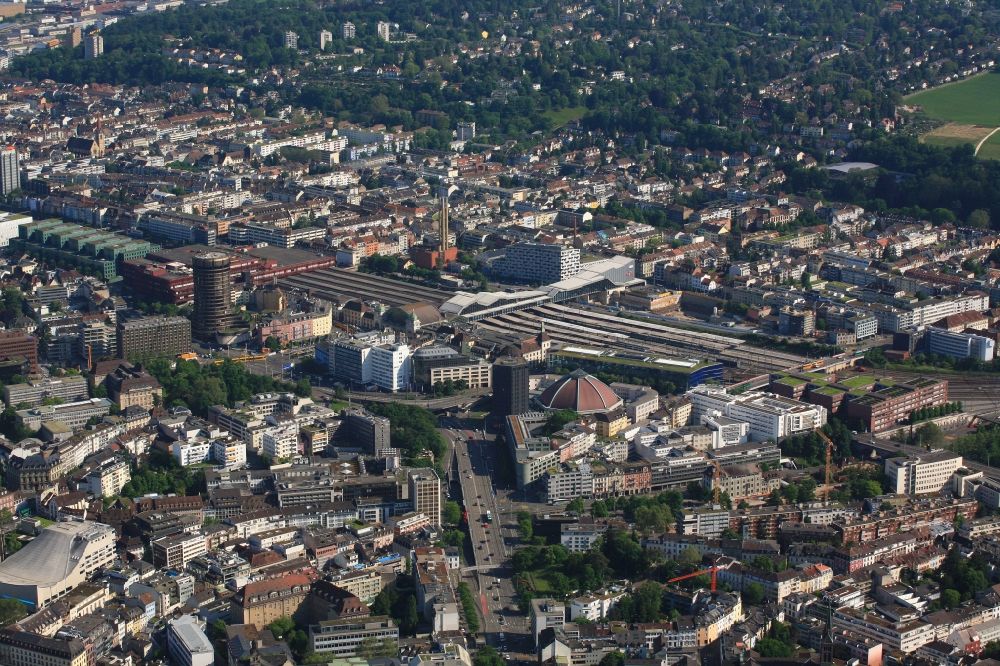 Basel from above - Track progress and building of the main station of the railway of SBB in the district Gundeldingen in Basel, Switzerland