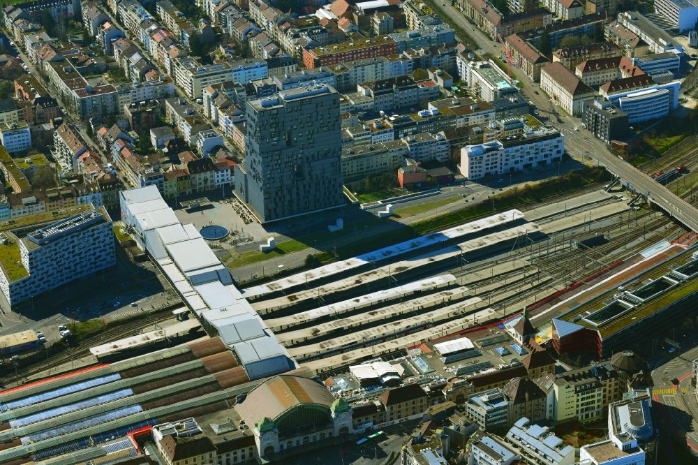 Aerial image Basel - Track progress and building of the main station of the railway of SBB in the district Gundeldingen in Basel, Switzerland