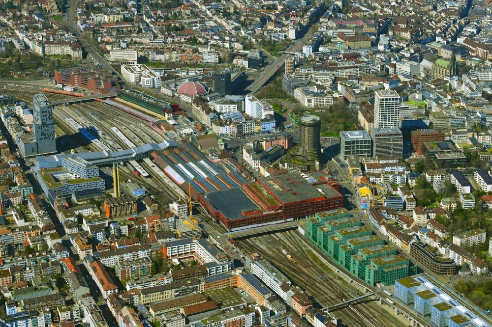 Aerial image Basel - Track progress and building of the main station of the railway of SBB in the district Gundeldingen in Basel, Switzerland