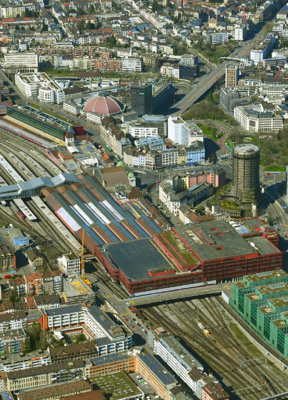 Aerial photograph Basel - Track progress and building of the main station of the railway of SBB in the district Gundeldingen in Basel, Switzerland