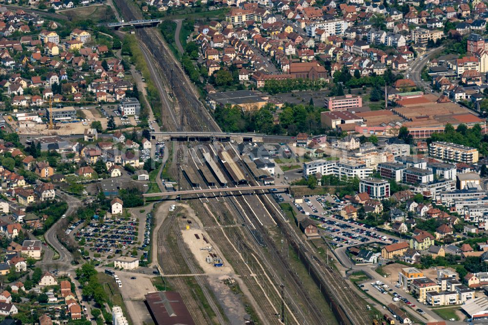 Selestat from above - Track progress and building of the main station of the railway in Selestat in Grand Est, France