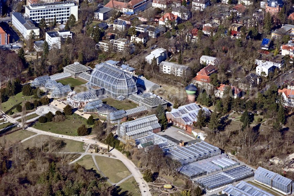 Berlin from the bird's eye view: Main building and greenhouse complex of the Botanical Gardens Berlin-Dahlem in Berlin. The historical glass buildings and greenhouses are dedicated to different areas. The Large Tropical House and the Victoria-House are located in the center