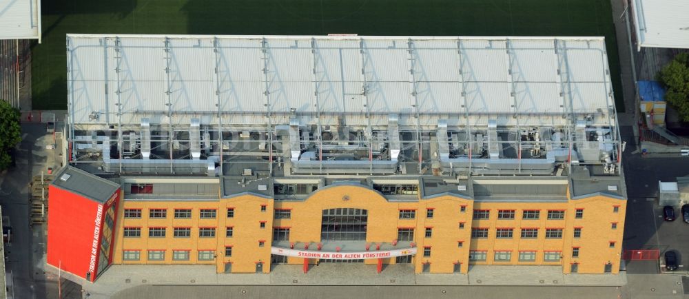Berlin from the bird's eye view: Main building of the football stadium An der Alten Foersterei in the district of Treptow-Koepenick in Berlin in Germany. The stadion is an events location and the home stadium of 1. FC Union Berlin