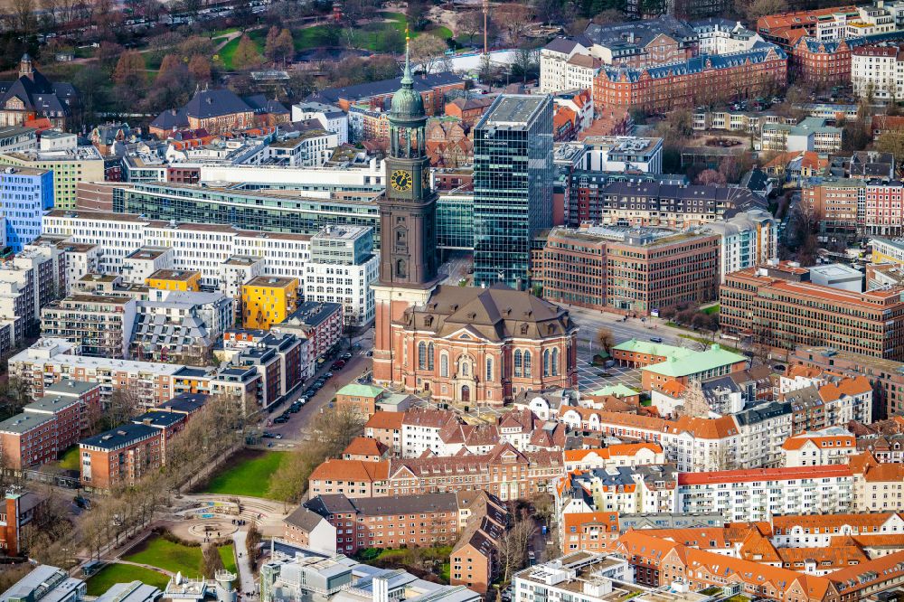 Hamburg from above - View of the church St. Michaelis in the district Altstadt in Hamburg